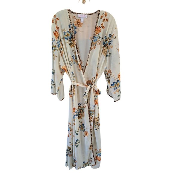 Oscar De La Renta Pink Label Floral Kimono Robe W/ Leopard Women's Large Belted